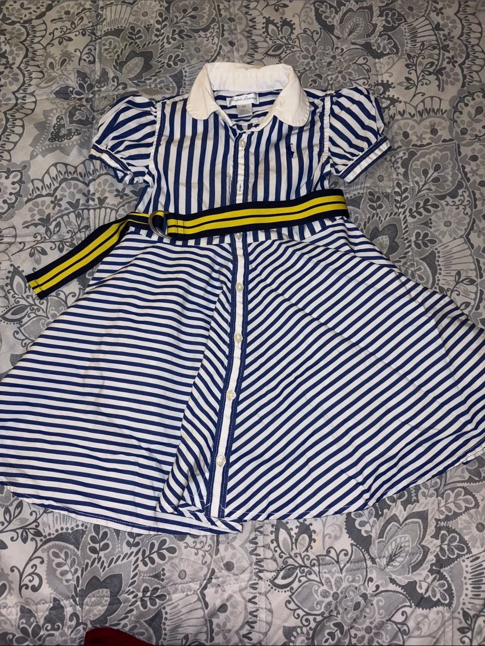 Ralph Lauren Blue & White Striped Shirt Dress with Yellow Accent Belt